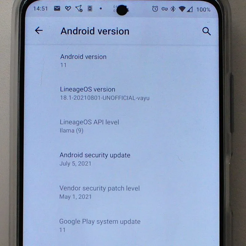 Écran « Version d'Android » d'un POCO X3 Pro sous LineageOS 18.1, avec deux dates de correctifs différentes.